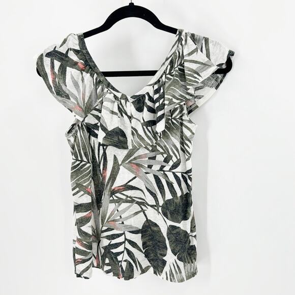 Old Navy ruffled trim v-neck tropical print top summer linen vacation size S - Picture 2 of 7